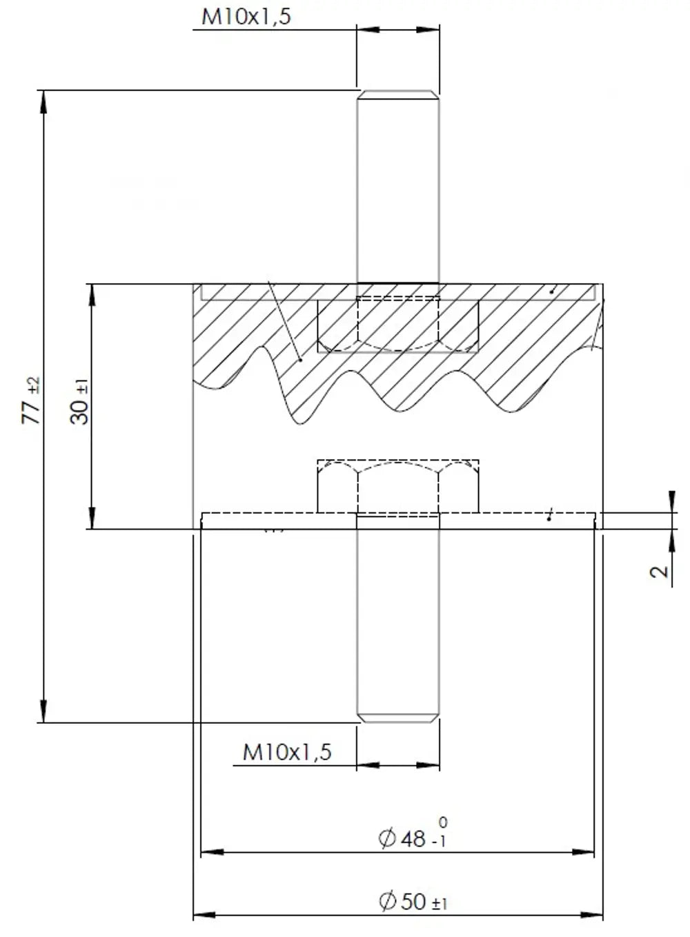 Supporto in gomma per DAF, Ø=50 /L=77, M10, ZINC - 44800