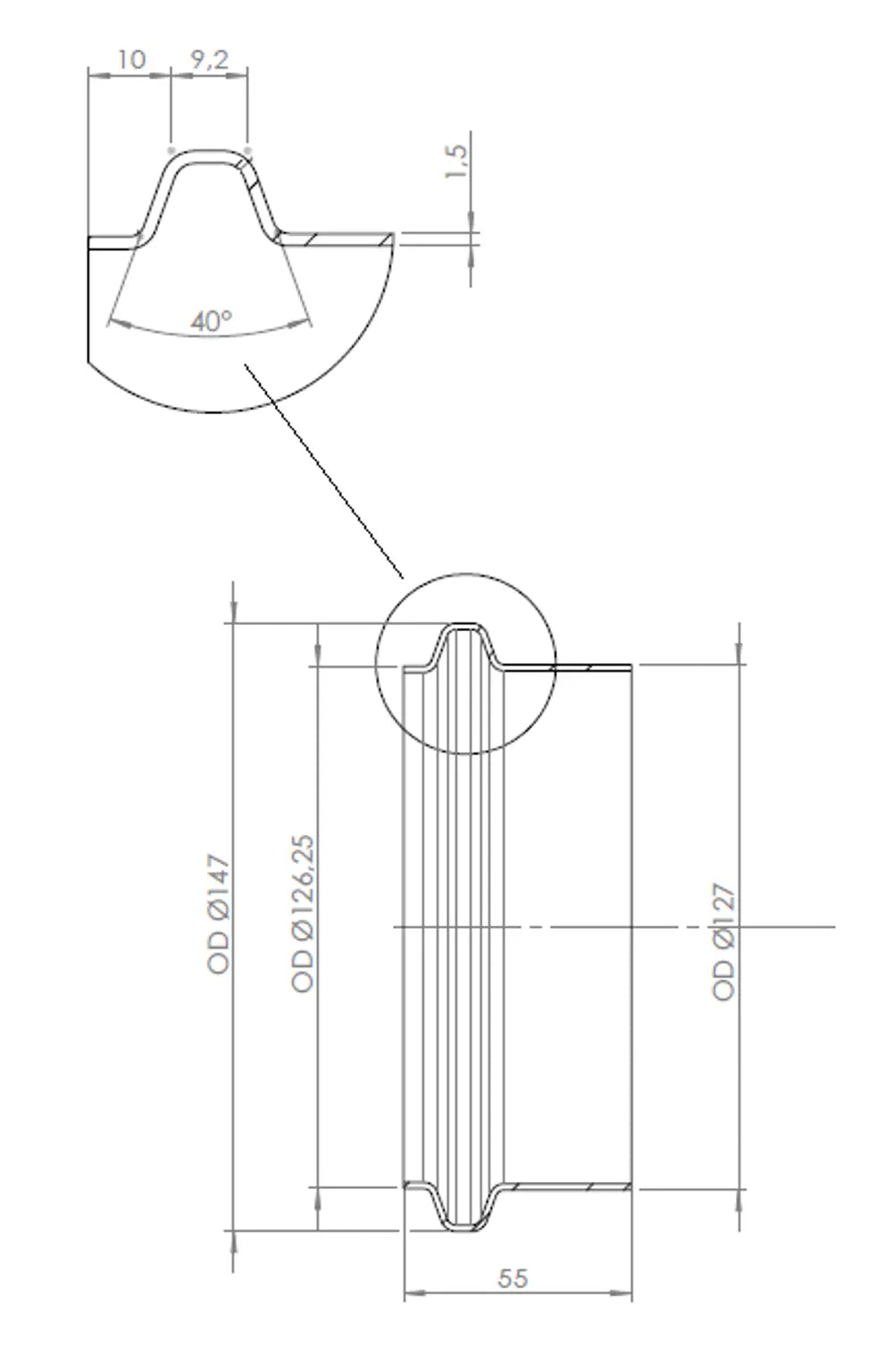 Raccordo tubo maschio, Ø=127 / L=55 mm, INOX - 532523