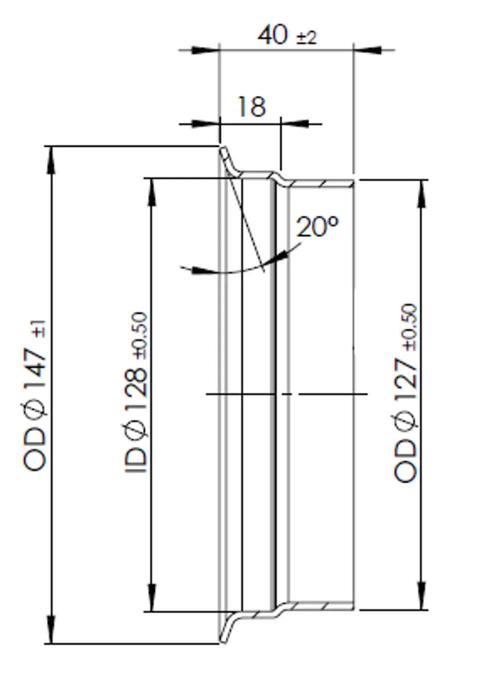 Raccordo tubo femmina per stile Volvo, Ø=127 / L=40 mm, INOX - 78232