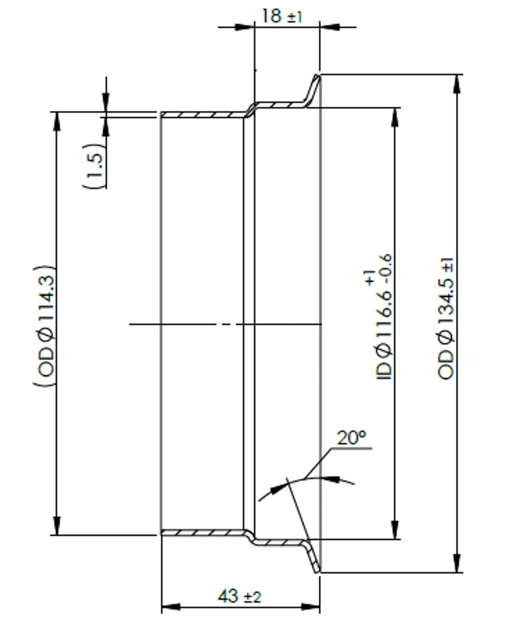 Raccordo tubo femmina per stile Volvo, Ø=114.3 / L=43 mm, INOX - 78236