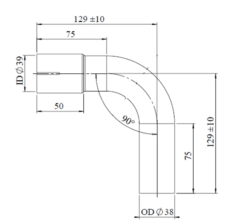 90ø Curva di scarico, OD/ID=38/39, L=129, ALU - 91038