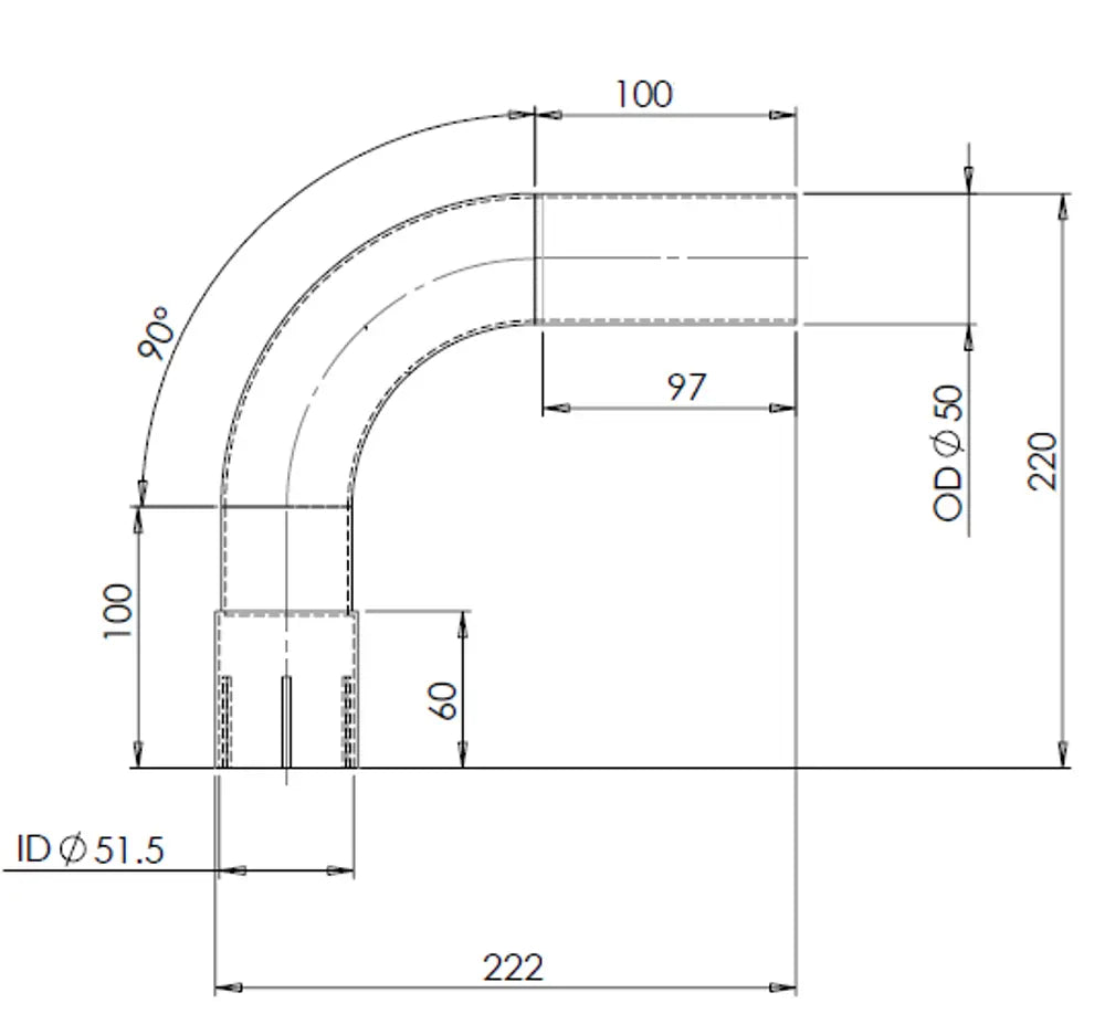 90ø Curva di scarico, OD/ID=50/51.5, L=195, ALU - 91051