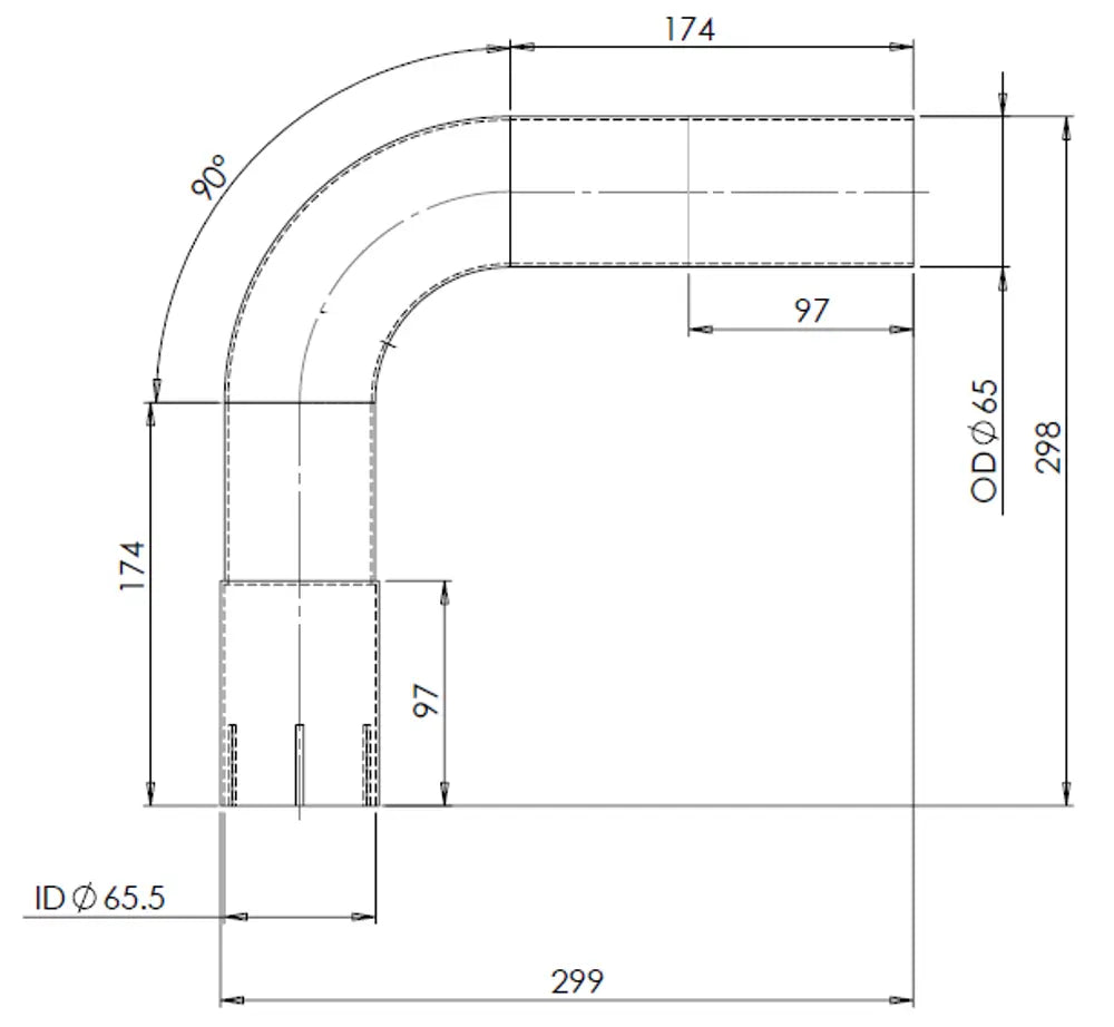 90ø Curva di scarico, OD/ID=65/65.3, L=265, ALU - 91066