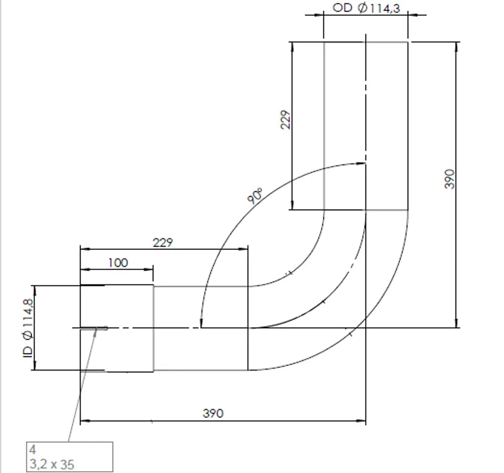90ø Curva di scarico, OD/ID=114.3/114.8, L=390, ALU - 91114