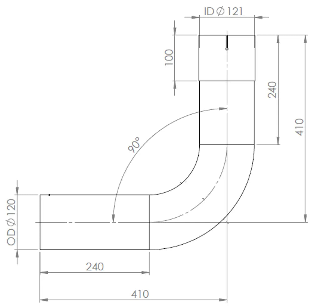 90ø Curva di scarico, OD/ID=120/121, L=410, ALU - 91121