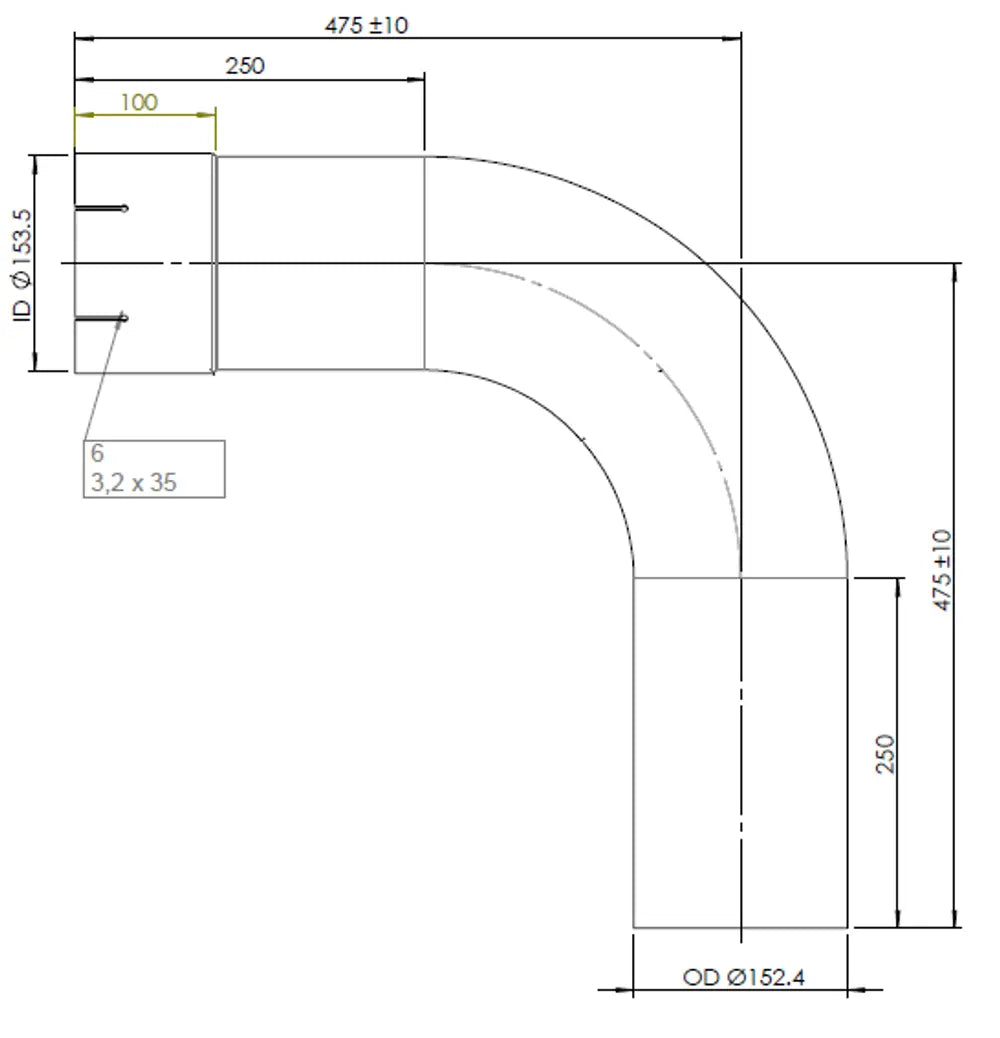 90ø Curva di scarico, OD/ID=152.4/153.5, L=475, ALU - 91152