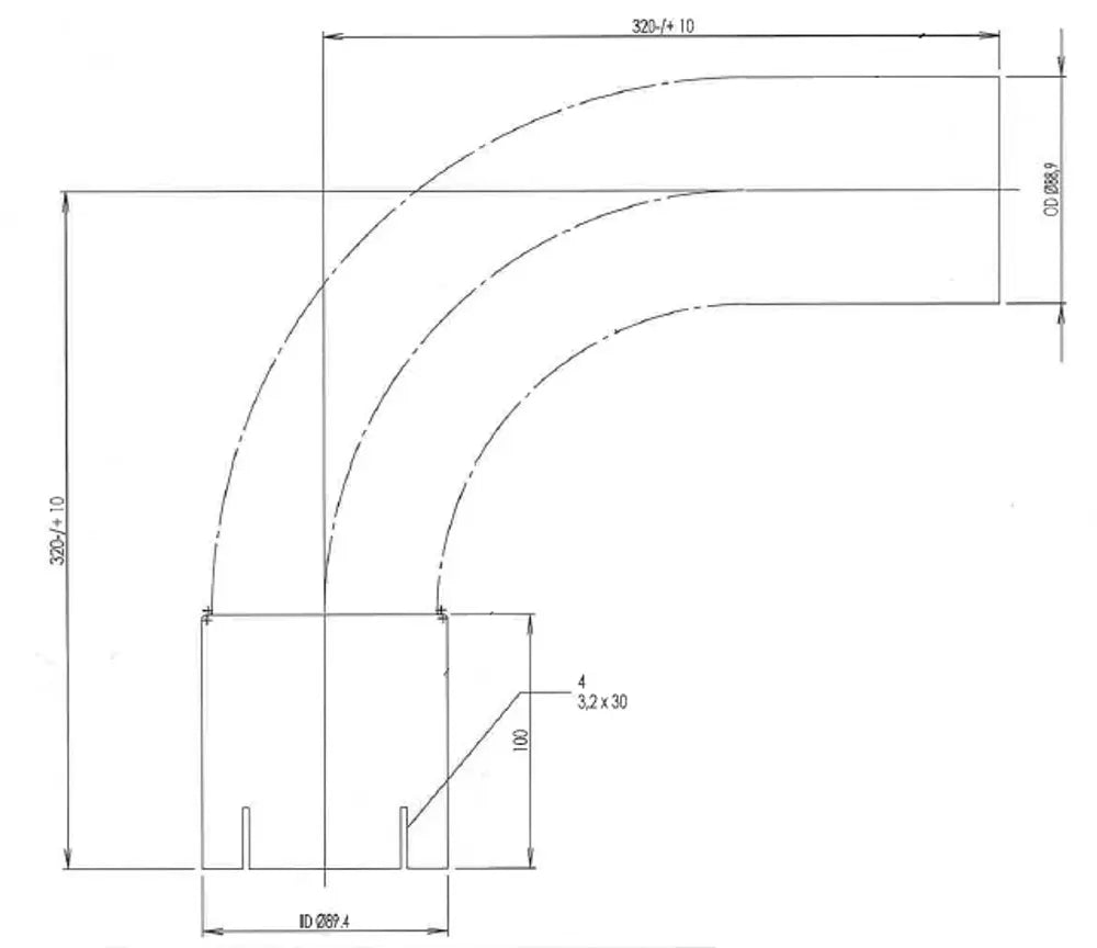 90ø Curva di scarico, OD/ID=88.90/89.40, L=320, SS - 91589