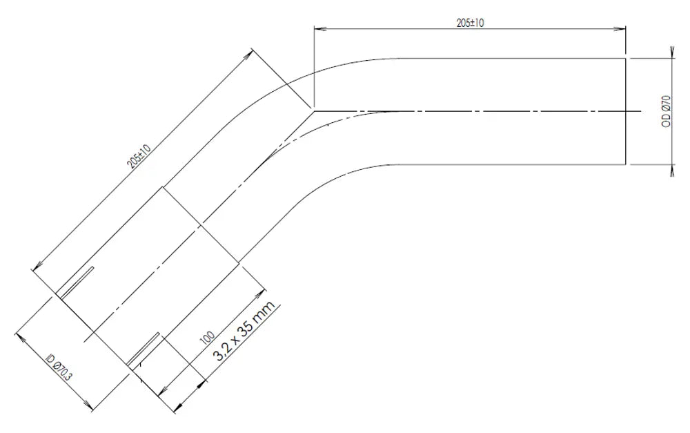 45ø Curva di scarico, OD/ID=70/70.3 L=205, ALU - 92070