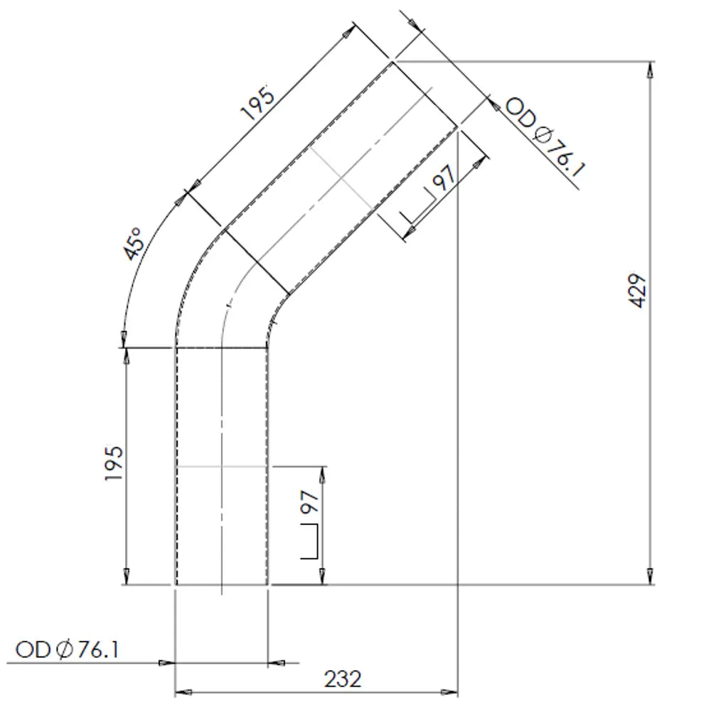 45ø Curva di scarico, OD=76.2 / L=230, ALU - 92075