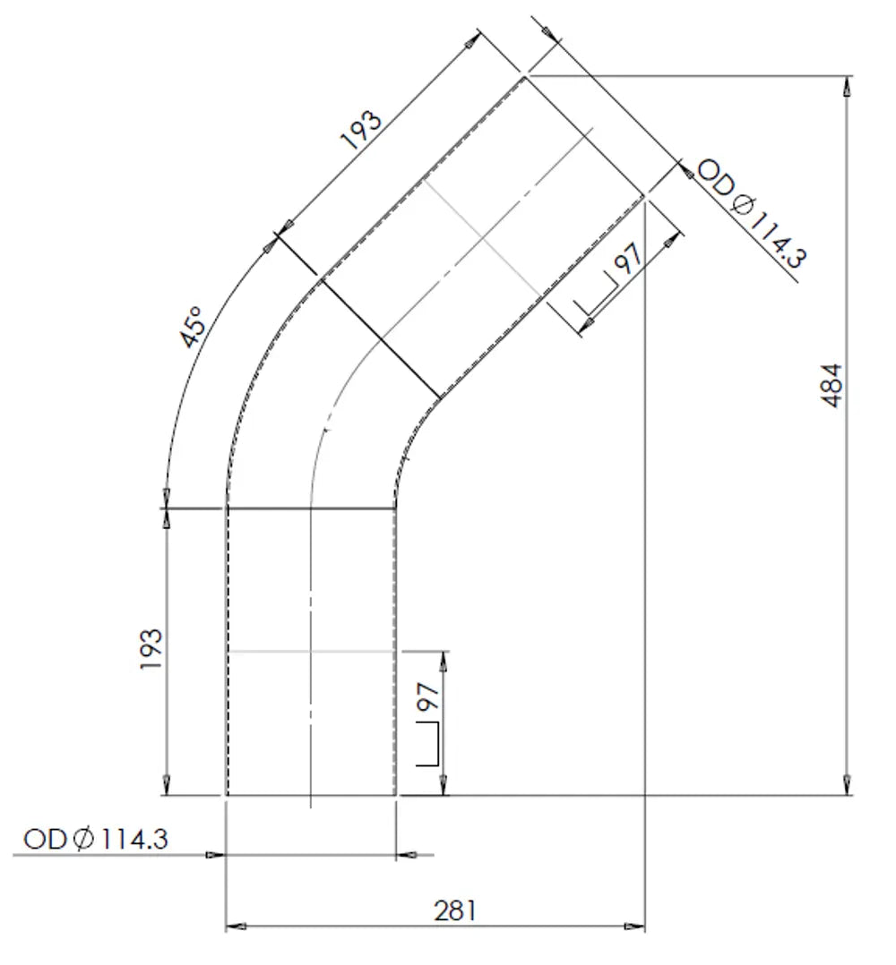 45ø Curva di scarico, OD=114.30 / L=260, ALU - 92113