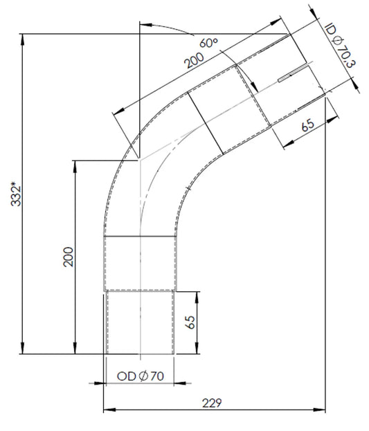 60ø Curva di scarico, OD/ID=70/70.3, L=200, ALU - 92370