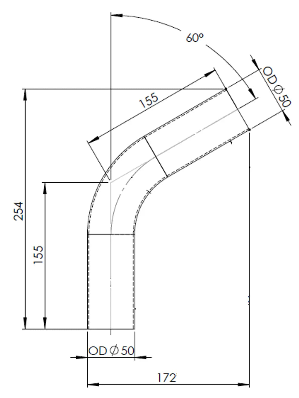 60ø Curva di scarico, OD=50 / L=155, ALU - 92450