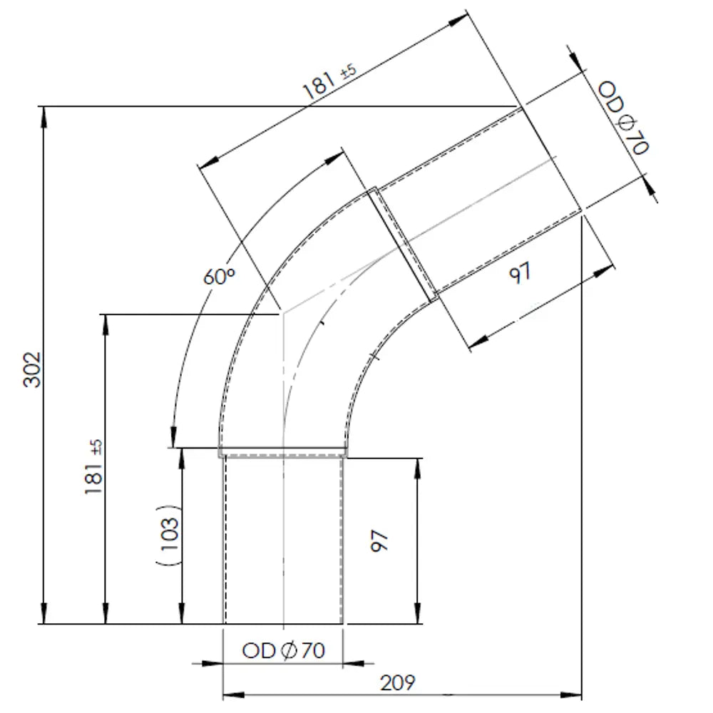 60ø Curva di scarico, OD=70 / L=180, ALU - 92470