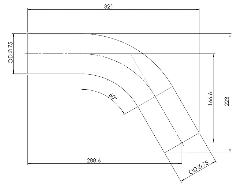 60ø Curva di scarico, OD=75 / L=190, ALU - 92475