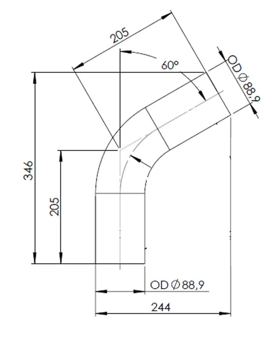 60ø Curva di scarico, OD=88.9 / L=205, ALU - 92489