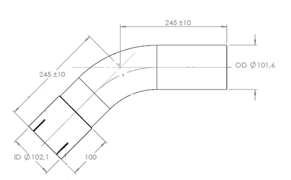 45ø Curva di scarico, OD/ID=101.6/102.1 L=245, SS - 92502