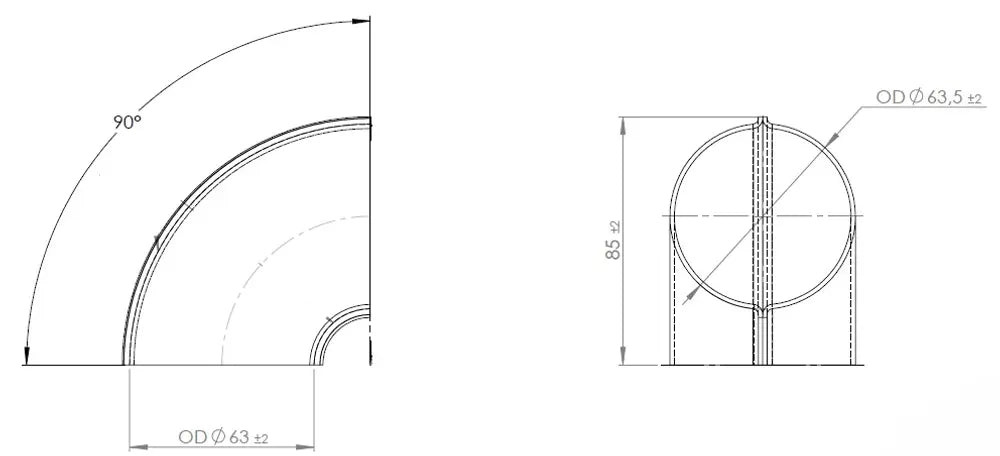 90ø Gomito saldato/Parete sottile OD=63.5 / T=1.5, SPD - 96063