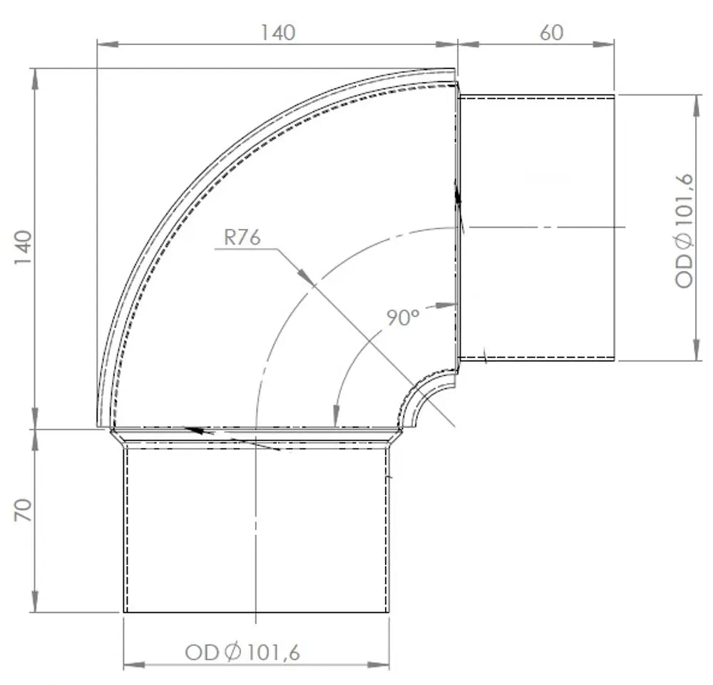 90ø Gomito di scarico, OD=101.6 / L=200, SPD - 96101