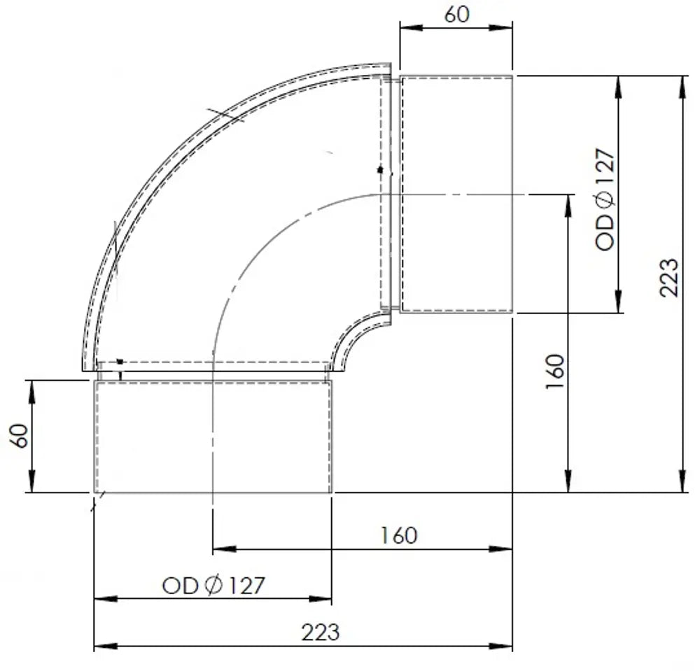90ø Gomito di scarico, OD=127 / L=223, SPD - 96126