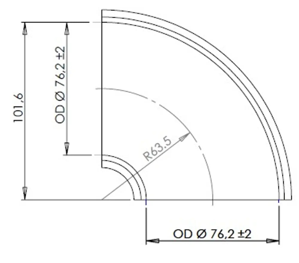 90ø Gomito saldato/Parete sottile OD=76.2 / T=1.5, INOX - 96274