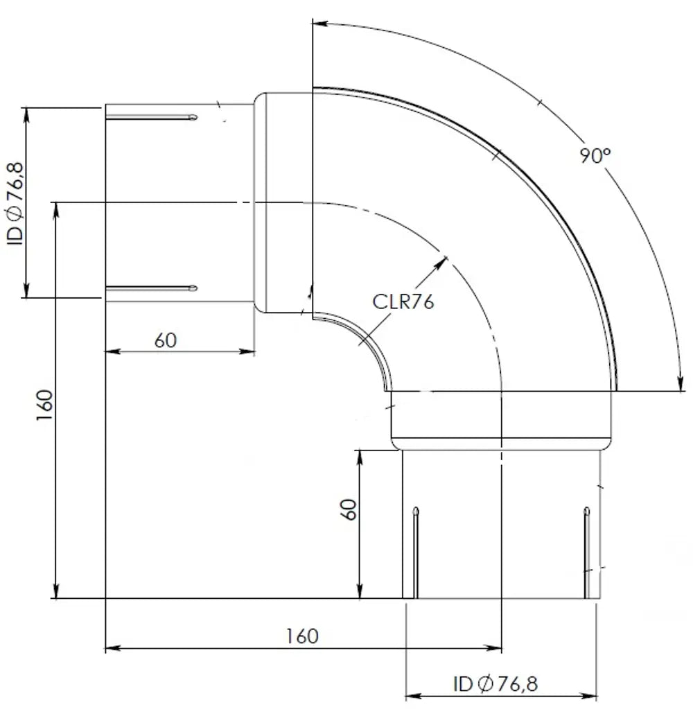 90ø Gomito di scarico, ID=76.8 / L=200, INOX - 96377