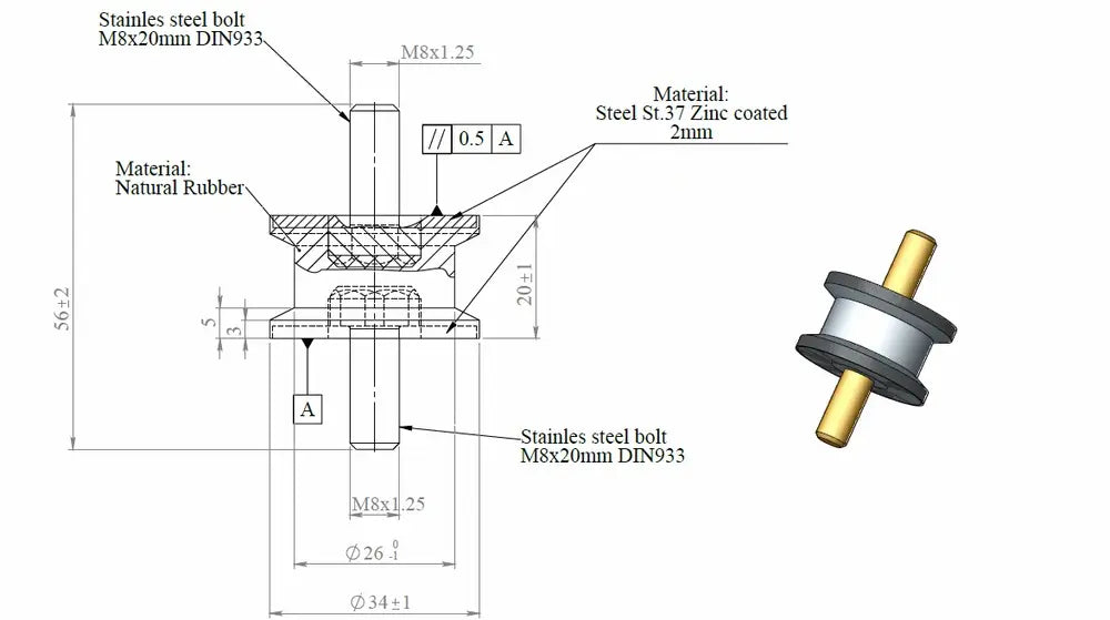 Supporto in gomma per Mercedes, Ø=34 /L=56, M8, ZINC - 50907