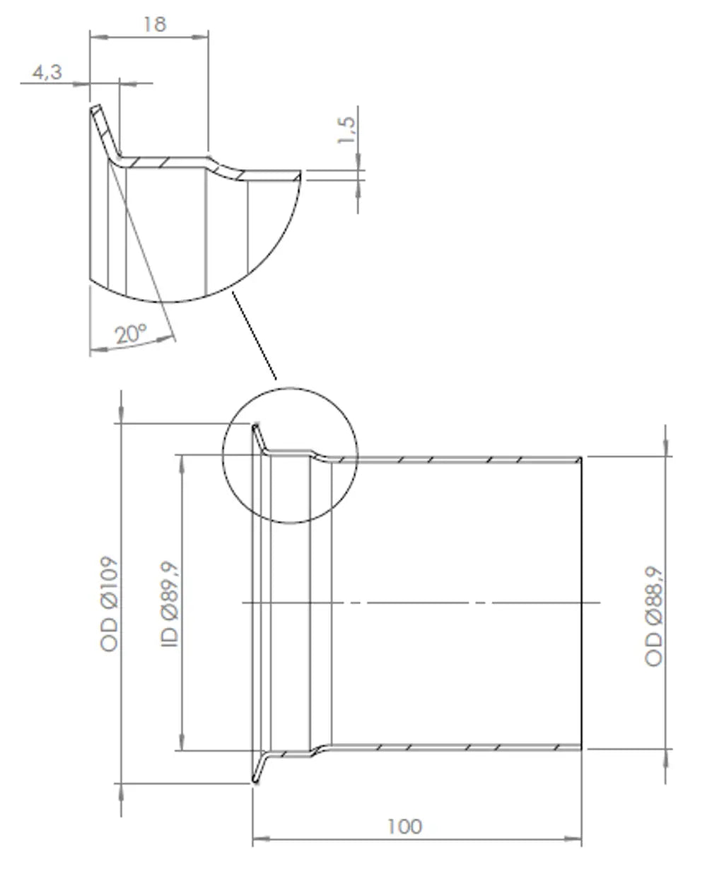 Raccordo tubo femmina, Ø=88.9 / L=100 mm, INOX - 532514