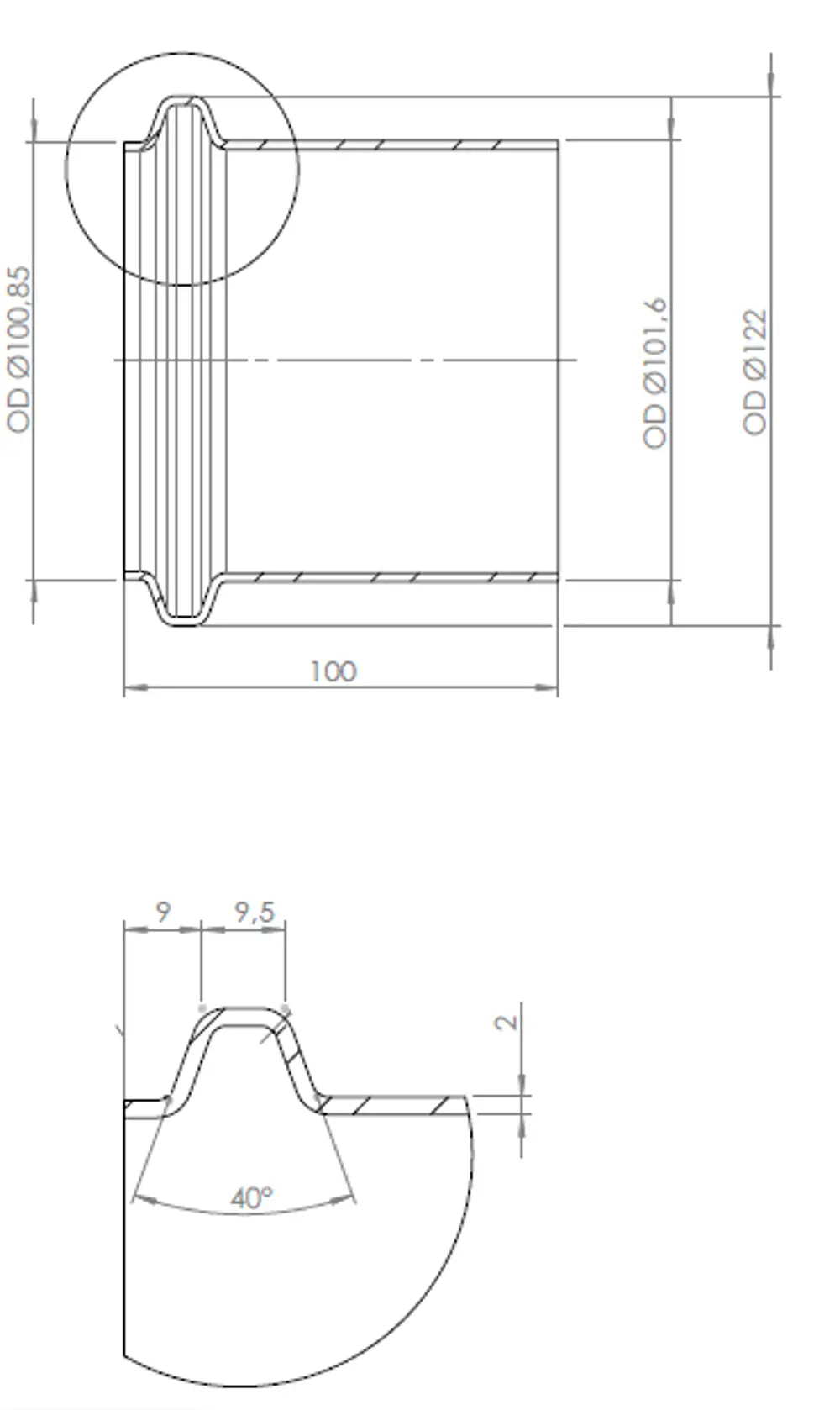 Raccordo tubo maschio, Ø=101.6 / L=100 mm, INOX - 532517