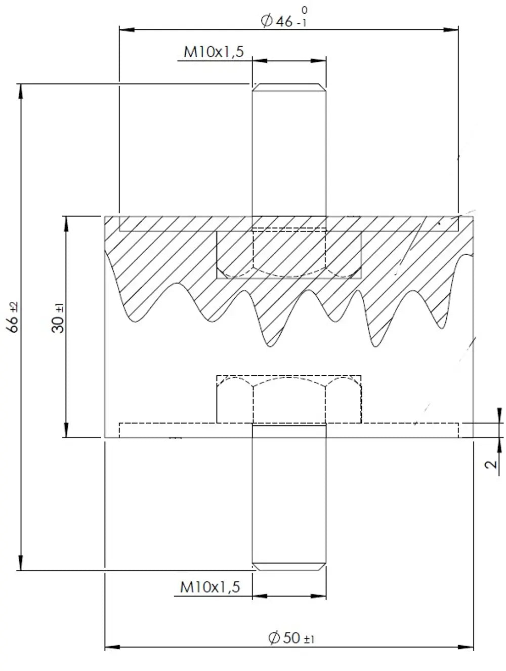 Supporto in gomma per Renault, Ø=50 / L=66, M10, ZINC - 64817