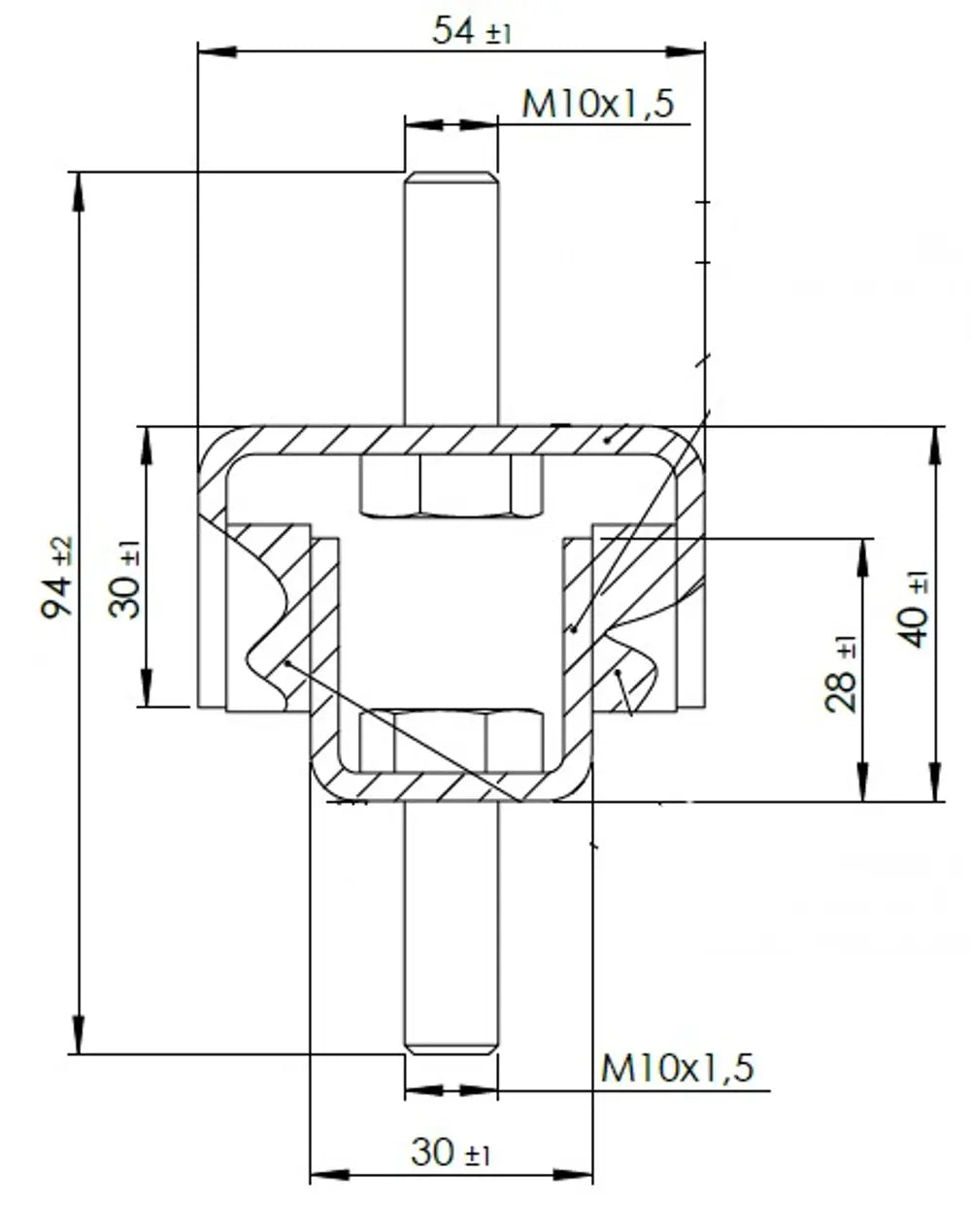 Supporto in gomma per Mercedes, W=54 /L=94, M10, ZINC - 69804