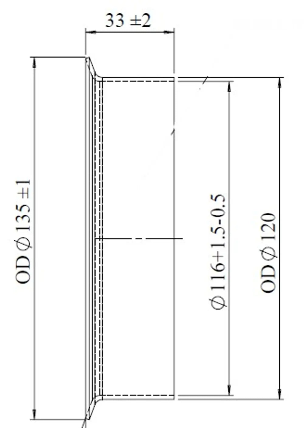 Raccordo tubo femmina per stile DAF, Ø=116 /L=33 mm, ALU - 78216