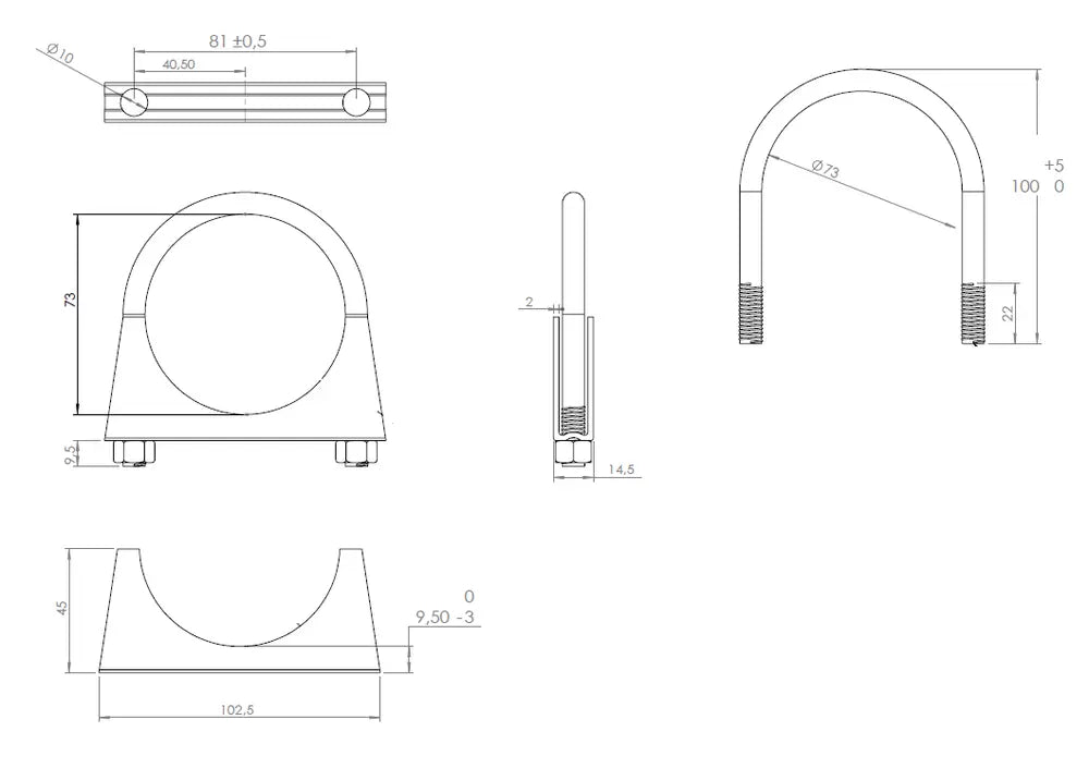 Fascetta a U per Renault, Ø=73 / L=100, M8, ZINC - 90073
