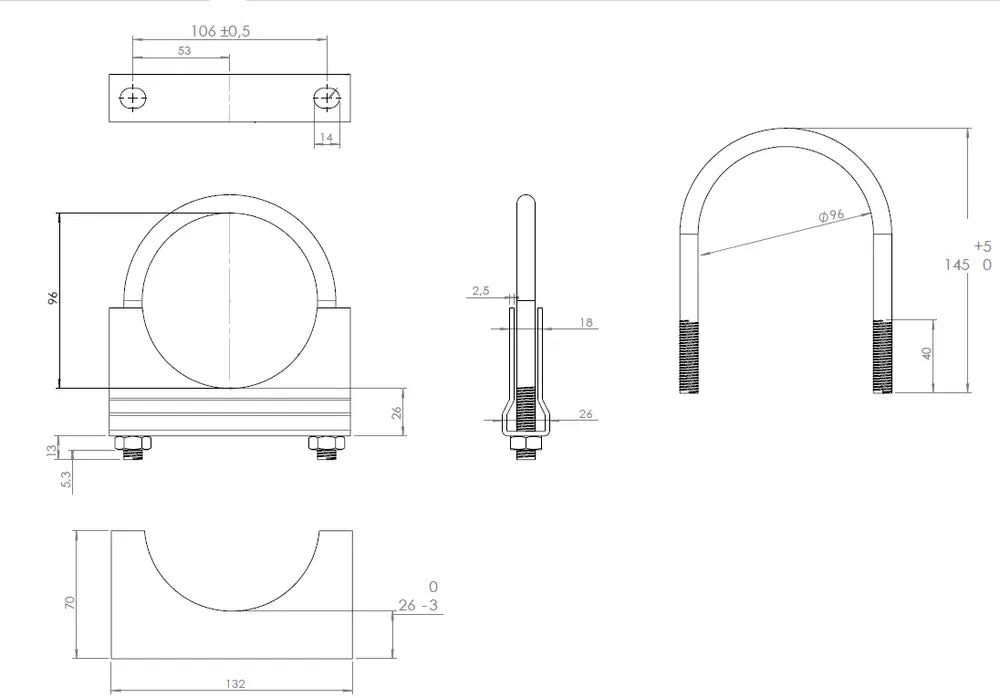 Fascetta a U per DAF, Ø=96/L=145 mm, M10, ZINC - 90096