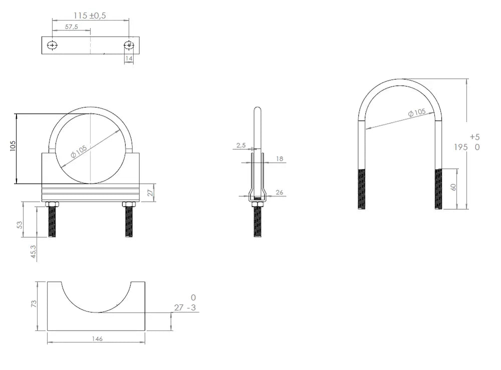 Fascetta a U per Volvo, Ø=105/L=195 mm, M10, ZINC - 90105