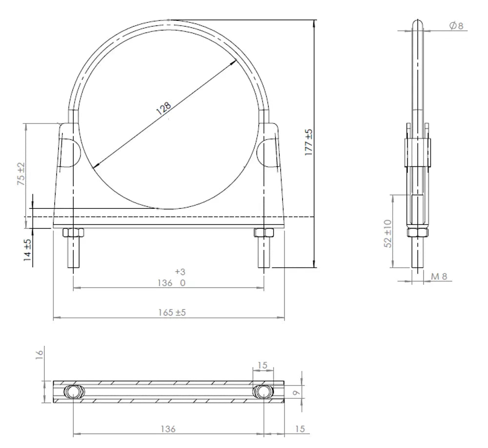 Fascetta a U, Ø=127 / L=165, M8, INOX - 90112