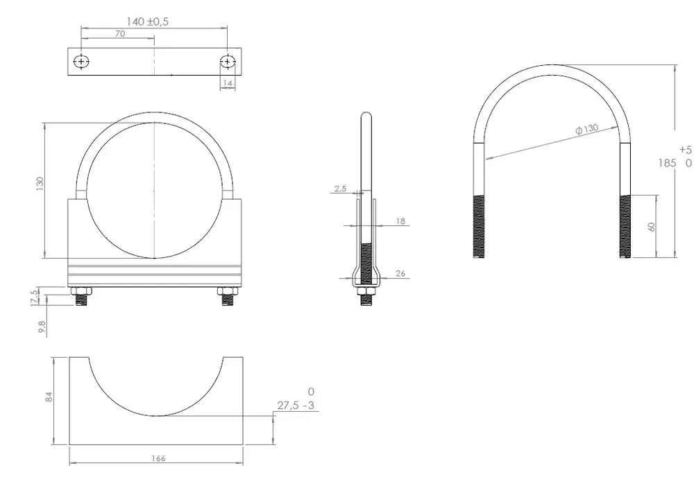 Fascetta a U per DAF, Ø=130/L=185 mm, M10, ZINC - 90130
