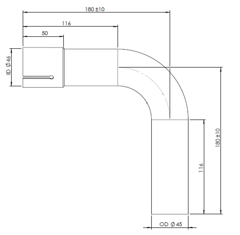90ø Curva di scarico, OD/ID=45/46, L=180, ALU - 91045