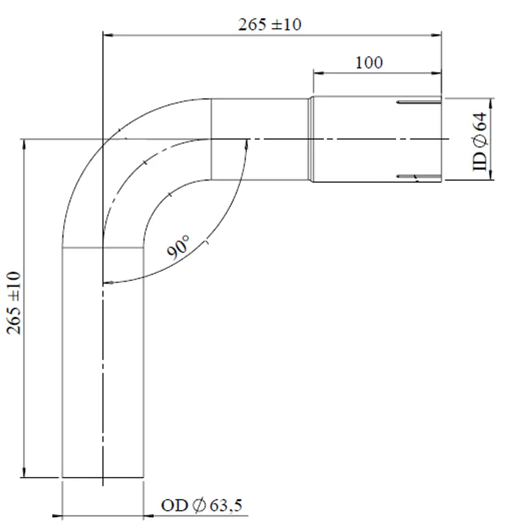 90ø Curva di scarico, OD/ID=63.5/64, L=265, ALU - 91064