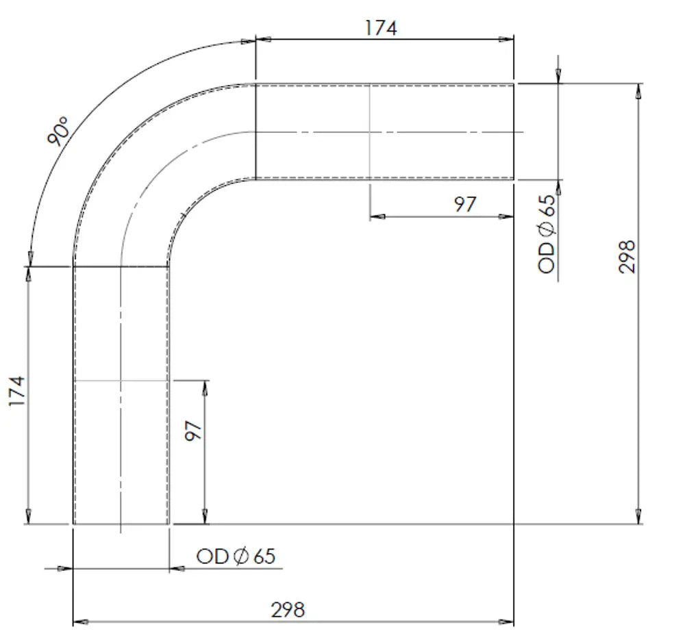 90ø Curva di scarico, OD=65 / L=265, ALU - 91065