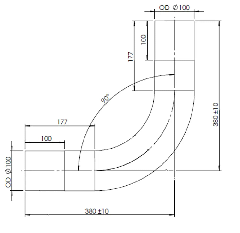 90ø Curva di scarico, OD=100 / L=380, ALU - 91100