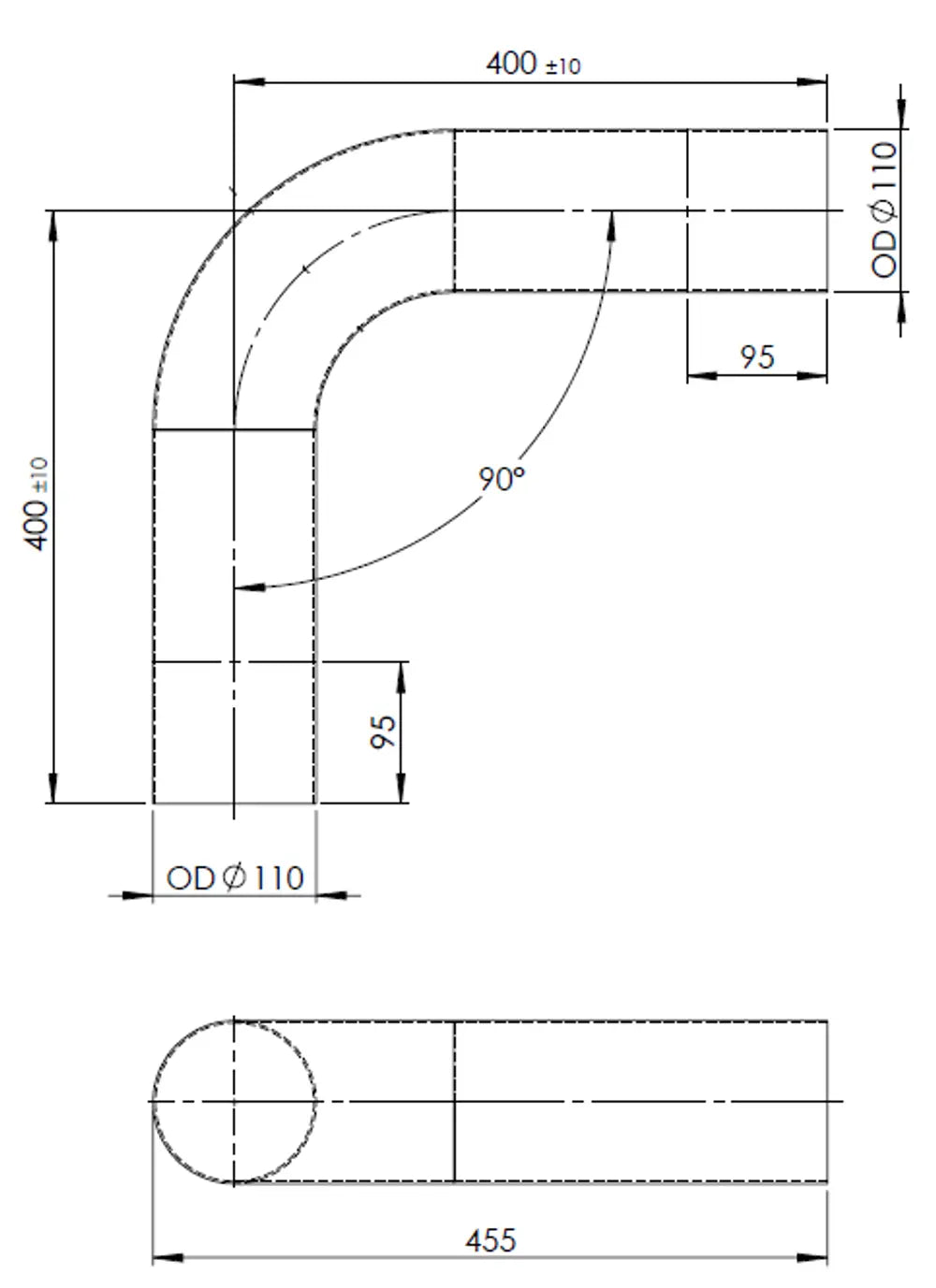 90ø Curva di scarico, OD=110 / L=400, ALU - 91109