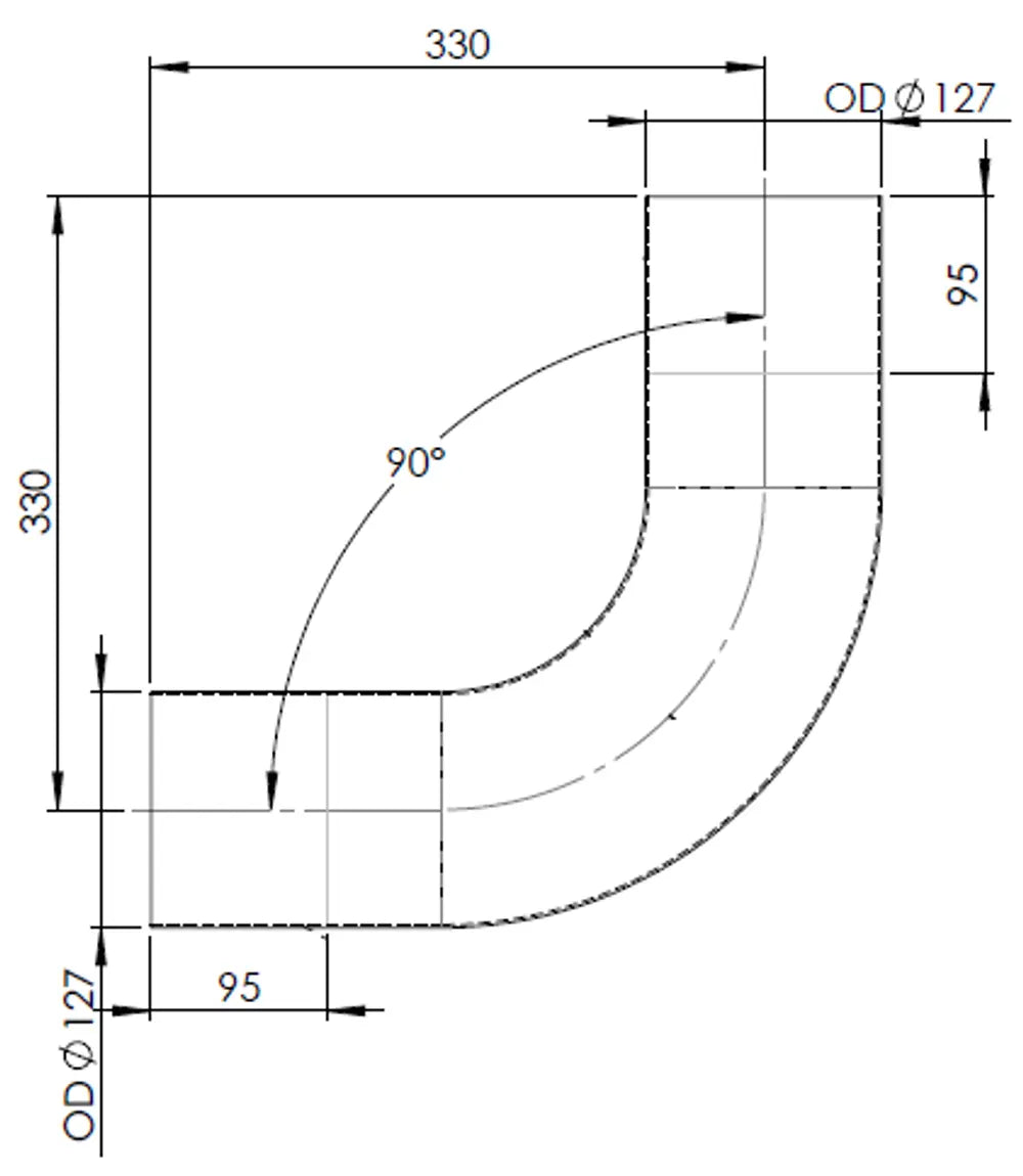 90ø Curva di scarico, OD=127 / L=330, ALU - 91125