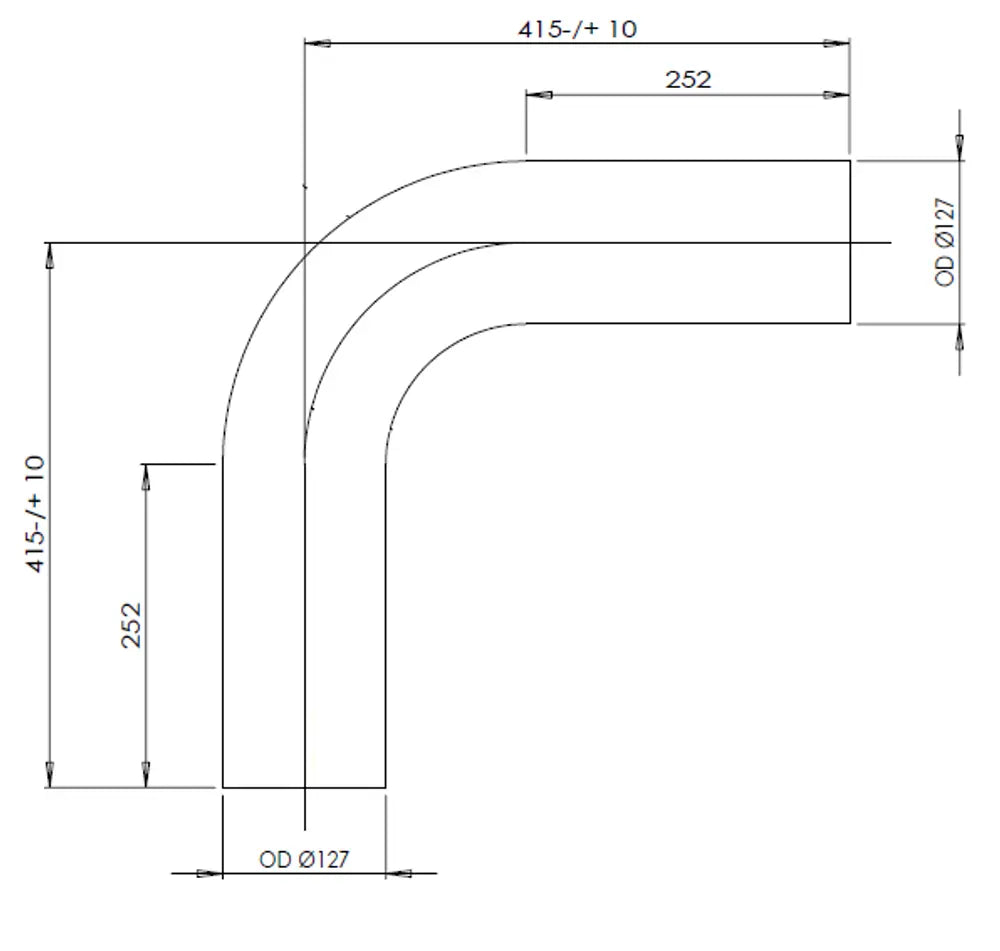 90ø Curva di scarico, OD=127 / L=415, SS - 91228