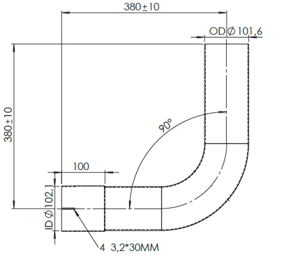 90ø Curva di scarico, OD/ID=101.6/102.1, L=380, SS - 91502