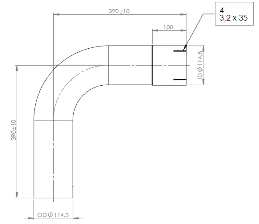 90ø Curva di scarico, OD/ID=114.3/114.8, L=390, SS - 91514