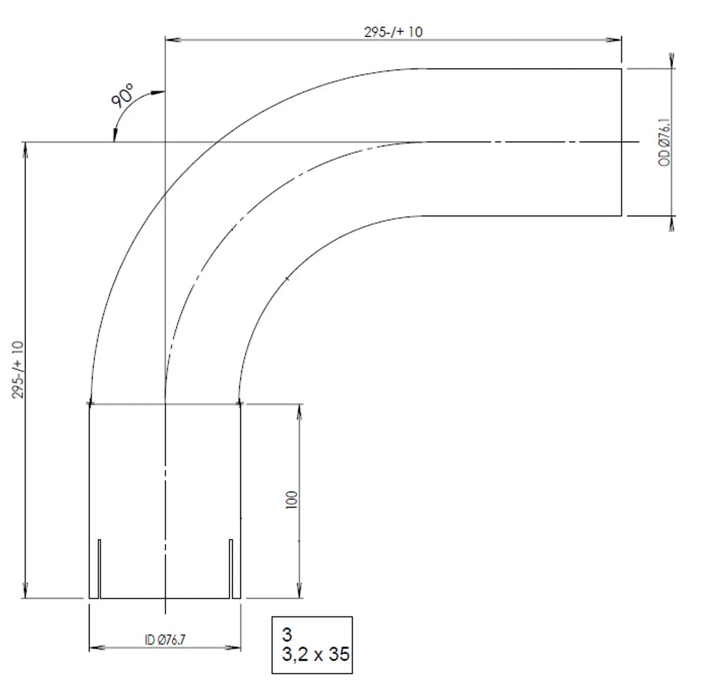 90ø Curva di scarico, OD/ID=76.1/76.7, L=295, SS - 91576