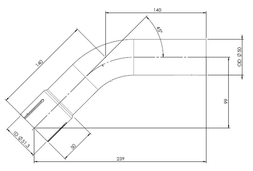 45ø Curva di scarico, OD/ID=50/51.3 L=140, ALU - 92051