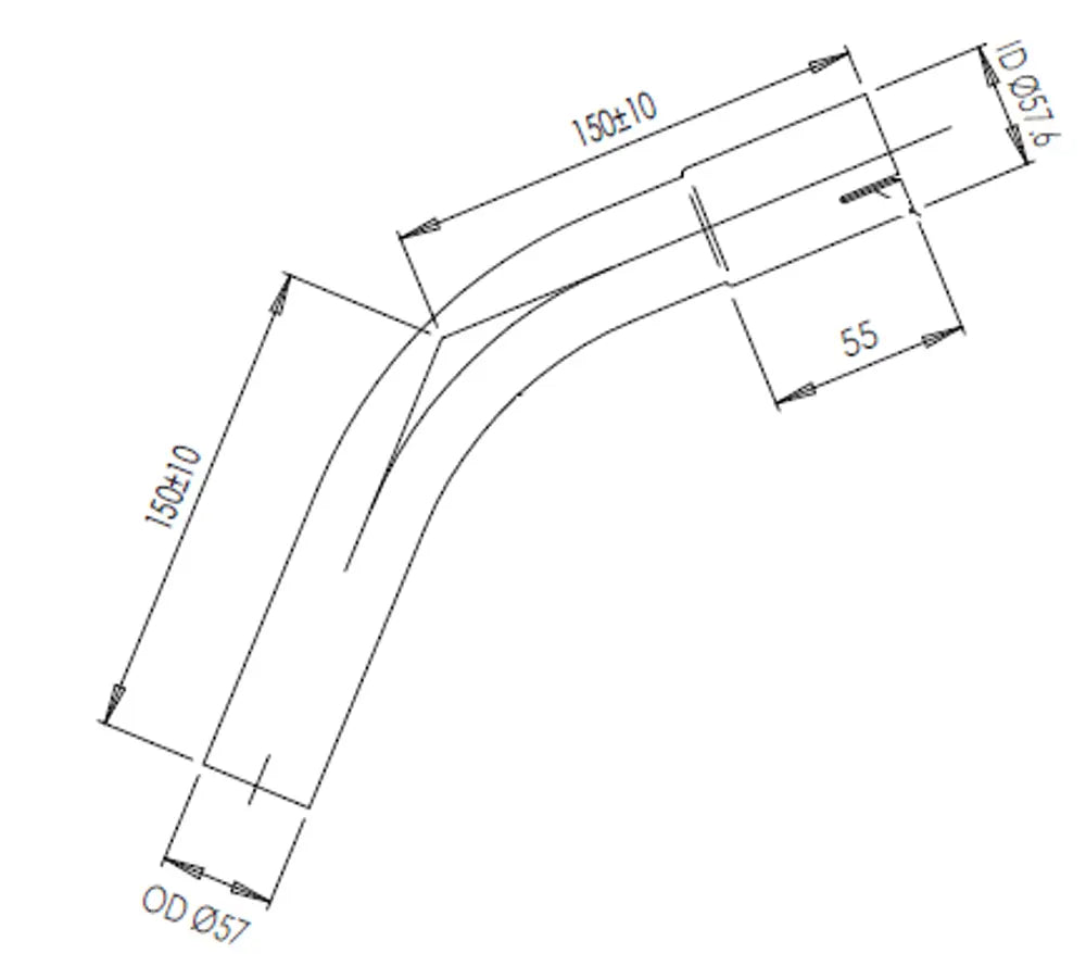 45ø Curva di scarico, OD/ID=57/57.6 L=150, ALU - 92057