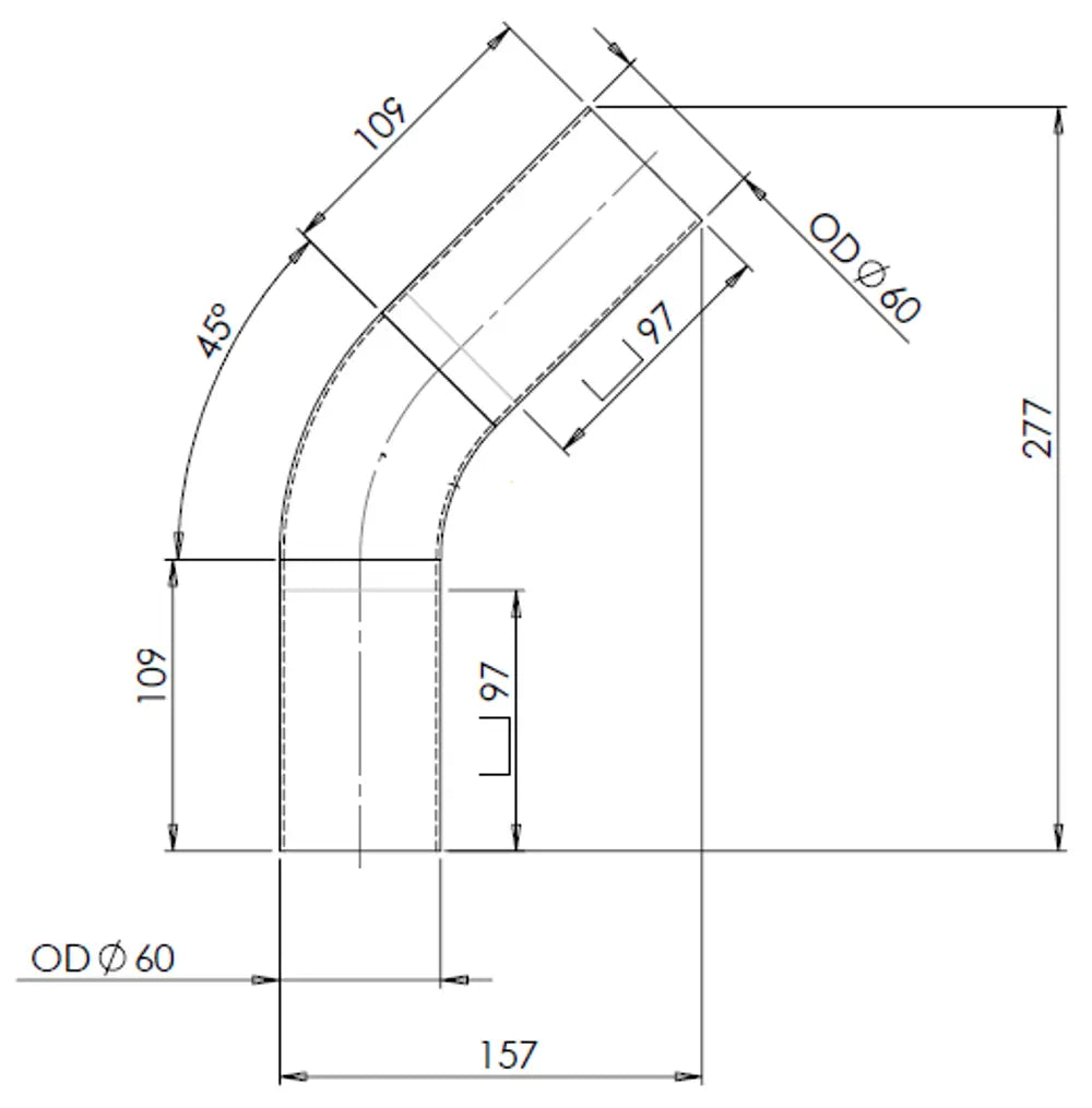 45ø Curva di scarico, OD=60 / L=150, ALU - 92059