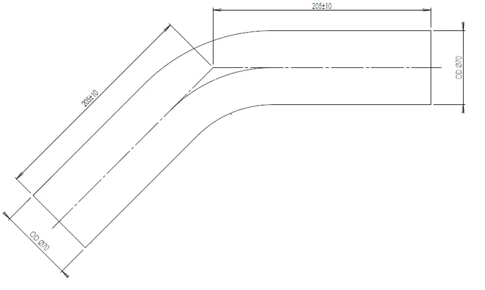 45ø Curva di scarico, OD=70 / L=205, ALU - 92071